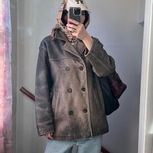 Vintage Brown Distressed Leather Double Breasted Jacket Oversized‎ Boxy 90s Coat